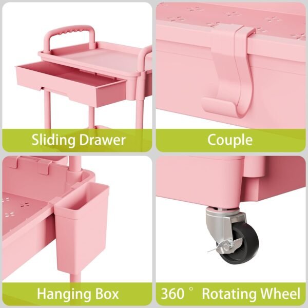 3 Tier Small Rolling Cart Organizer,Laundry Room Bathroom Organizers and Storage Office Shelves Mobile Shelving Unit Kitchen Trolley Cart with Wheels for Art,Craft,Diaper,Bedside,Snack(Pink) - Image 4