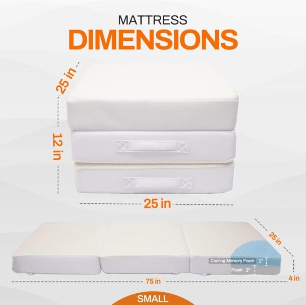 Cheer Collection Tri-Fold Memory Foam Mattress - 4" Thick Gel Infused Foam Folding Bed for Guests, Small Size - 25" x 75" - Image 2