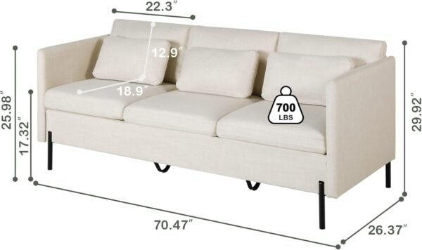 LINLUX 70”W Sofa Couch, 3 Seater Couches for Living Room, Comfy Sofas w/3 Pillows and Iron Legs, Fabric Sofa for Small Spaces, Bedroom, Office, Beige - Image 2