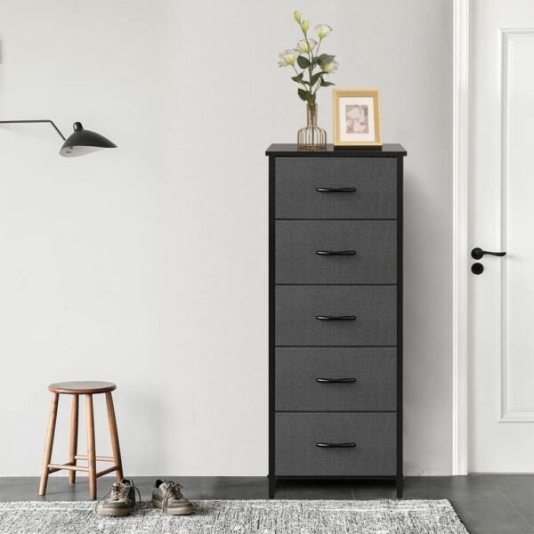 5 Drawers Vertical Dresser Storage Tower - Sturdy Steel Frame, Wood Top, Wood Handles - Organizer Unit for Bedroom, Hallway, Entryway, Closets, Black + Dark Grey - Image 2