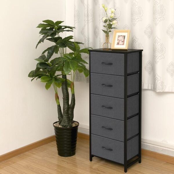 5 Drawers Vertical Dresser Storage Tower - Sturdy Steel Frame, Wood Top, Wood Handles - Organizer Unit for Bedroom, Hallway, Entryway, Closets, Black + Dark Grey - Image 4