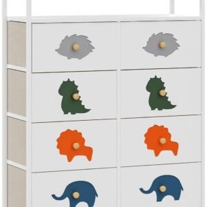 FRAPOW 8 Drawers Kid Dresser with Shelves, Tall Nursery Chest Organizer Units Large Storage Dresser with Wooden Top, Open Shelf, Sturdy Metal Frame for Bedroom Hallway Living Room