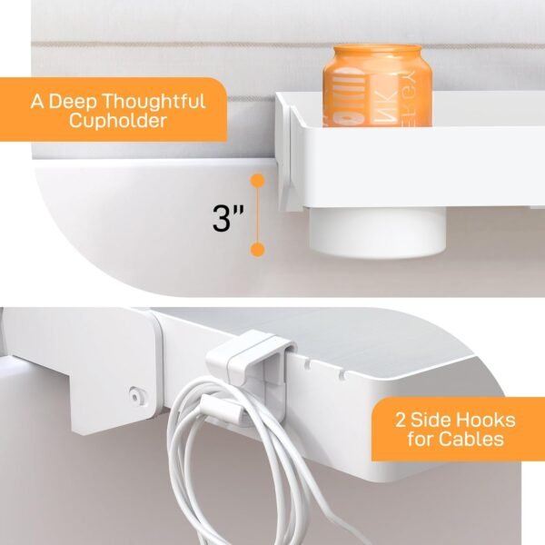 SPACELEAD Bedside Shelf for Bed, College Dorm Room Clip On Nightstand with Cup Holder & Cord Holder -Tray Table Caddy for Students, Bunk Bed Shelf for Organizer Top for Bedroom (White，Plastic) - Image 4