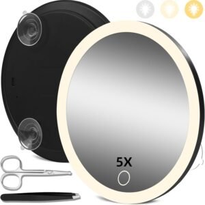 5X Magnifying Mirror with Lights, Makeup Magnifying Mirror with Suction Cups, 6” Magnifying Mirror with 3 Color Lights and Adjustable Brightness, 5X Travel Magnification Mirror Large Magnified Mirror