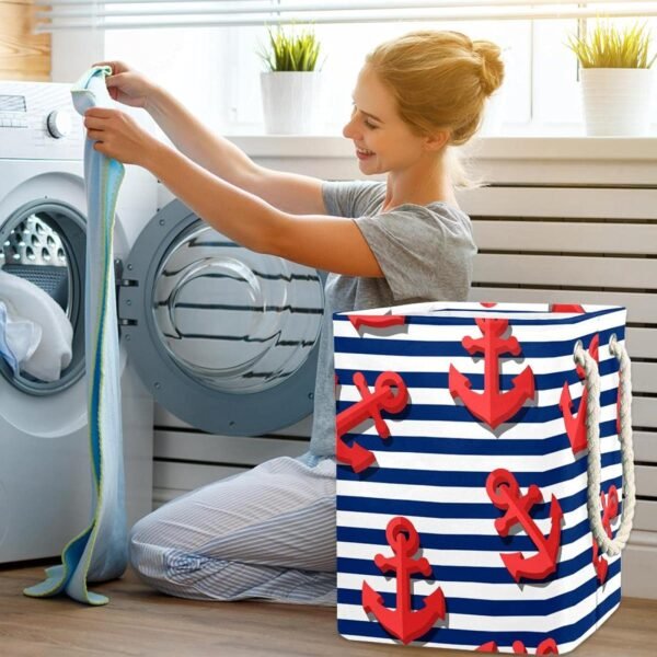 Laundry Basket With Handles Waterproof Collapsible Laundry Hamper For Storage Bins Kids Room Home Organizer Nautical Ocean Stripe Red Anchor , 19.3x11.8x15.9 In, Multicolor - Image 6
