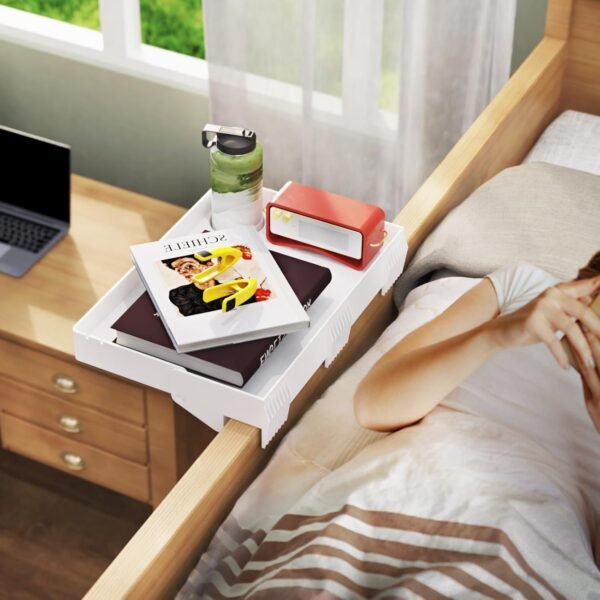 SPACELEAD Bedside Shelf for Bed, College Dorm Room Clip On Nightstand with Cup Holder & Cord Holder -Tray Table Caddy for Students, Bunk Bed Shelf for Organizer Top for Bedroom (White，Plastic) - Image 6