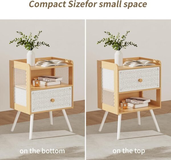 Nightstand, Bedside Table with Metal Drawers, End Table with Open Shelf, 2-Tier Open Adjustable Metal Floral Drawer Night Stand for Sofa Side Table, Bedroom Bedside Table, Maple White - Image 6