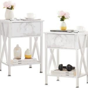 VECELO Night Stands for Bedroom Rustic Bedside End Tables with Drawer Storage, Nightstand (Set of 2), White(Set of 2)