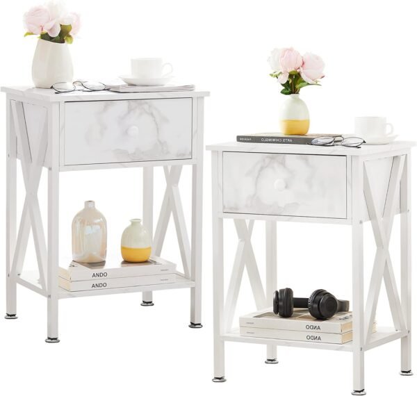 VECELO Night Stands for Bedroom Rustic Bedside End Tables with Drawer Storage, Nightstand (Set of 2), White(Set of 2)