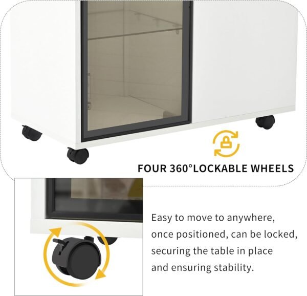 Modern End Table Side Table with Wheels, Narrow End Table with Transparent Brown Glass Door, 2 Storage Shelves and Drawers, Versatile Nightstand for Living Room (White * 121) - Image 5