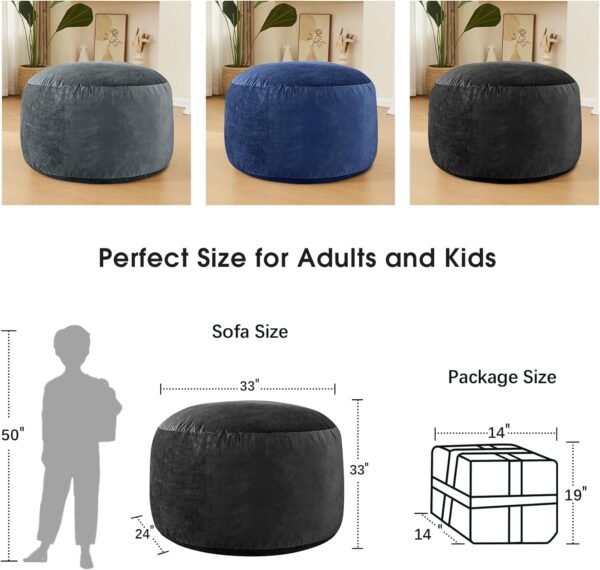 Bean Bag Chairs for Adults - Memory Foam Furniture BeanBag Chair - Kids/Teens Sofa with Soft Micro Fiber Cover - Round Fluffy Couch for Living Room Bedroom College Dorm - 3 ft, Carbon Black - Image 3