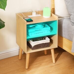 Night Stand with Charger Station, Bedside Table with LED Lights, Side Table with Fast USB-C Port, Nightstand with Solid Wood Feet, Small End Table for Bedroom, Living Room, Natural
