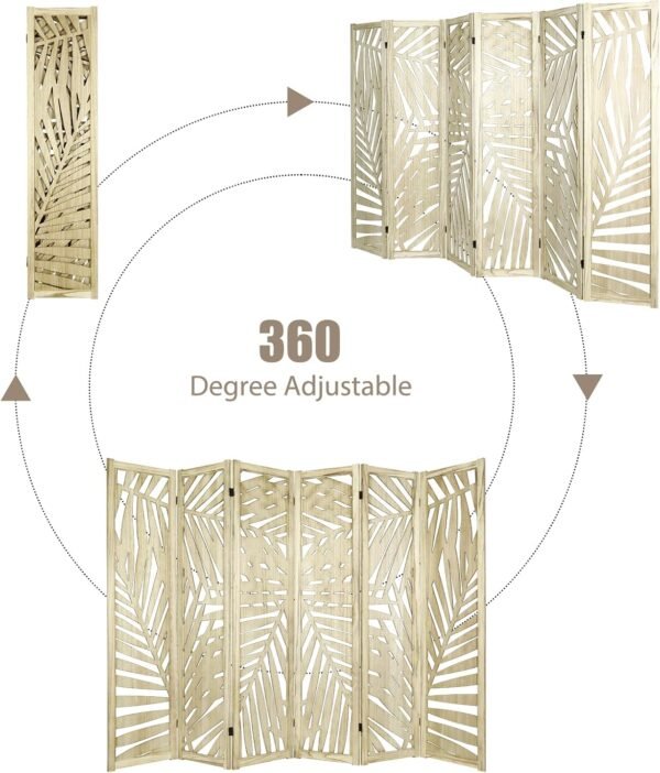 Babion 6 Panel Room Divider, 5.6FT Portable Wall Dividers, Room Dividers and Folding Privacy Screens, Wood Cutout Engraving Room Divider Screens for Office, Bedroom, Natural Brown - Image 5