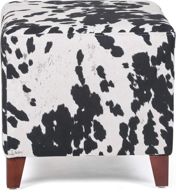 Square Footrest Ottoman Stool Seat with Linen Fabric and Non-Skid Wooden Legs, Black Cow - Image 6