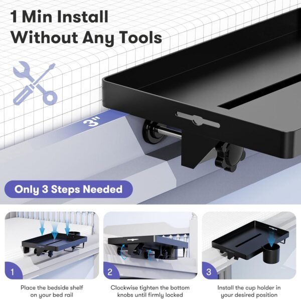 Bedside Shelf, Bunk Bed Table Shelf for Top Bunk, Black Clip On Nightstand with Removable Cup Holder&Power Strip Holder, Bunk Bed Tray for Dorm Bed&Loft Bed,College Dorm Room Essentials for Girls,Guys - Image 5