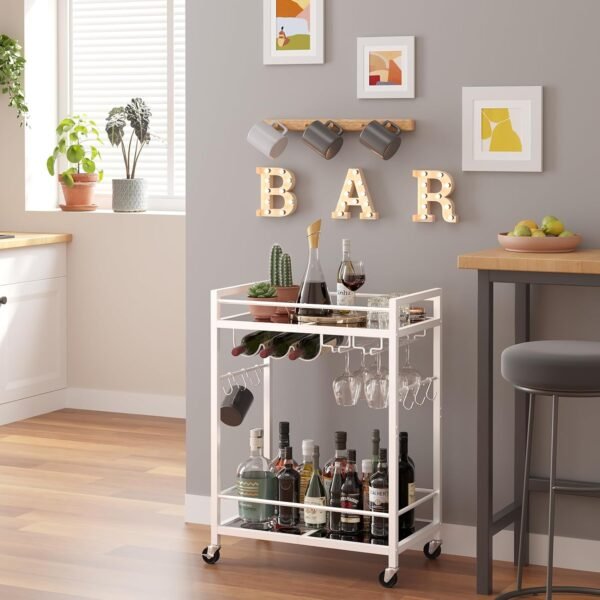 TUTOTAK Bar Cart, Serving Cart for Home, Microwave Cart, Drink Cart, Mobile Kitchen Shelf with Wine Rack and Glass Holder, Rolling Beverage Cart, White BC01BW031 - Image 3