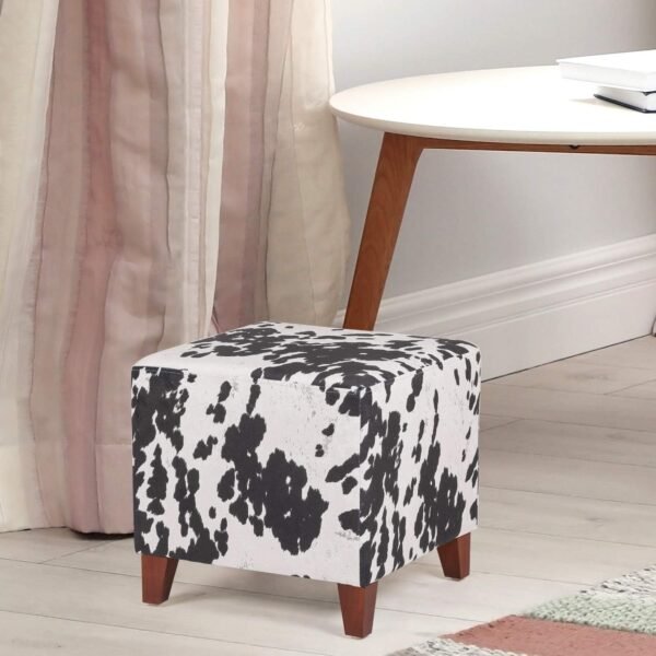Square Footrest Ottoman Stool Seat with Linen Fabric and Non-Skid Wooden Legs, Black Cow - Image 2