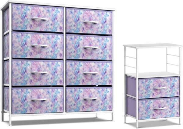 Sorbus Kids Dresser with 8 Drawers and 2 Drawer Nightstand Bundle - Matching Furniture Set - Storage Unit Organizer Chests for Clothing - Bedroom, Kids Rooms, Nursery, & Closet (Tie Dye)