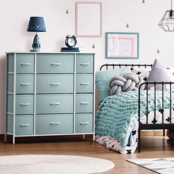 Sorbus Kids Dresser with 12 Drawers - Chest Organizer Unit with Steel Frame Wood Top & Handle, Fabric Bins for Clothes - Large Furniture for Bedroom Hallway Kids Room Nursery & Closet (Aqua) - Image 2