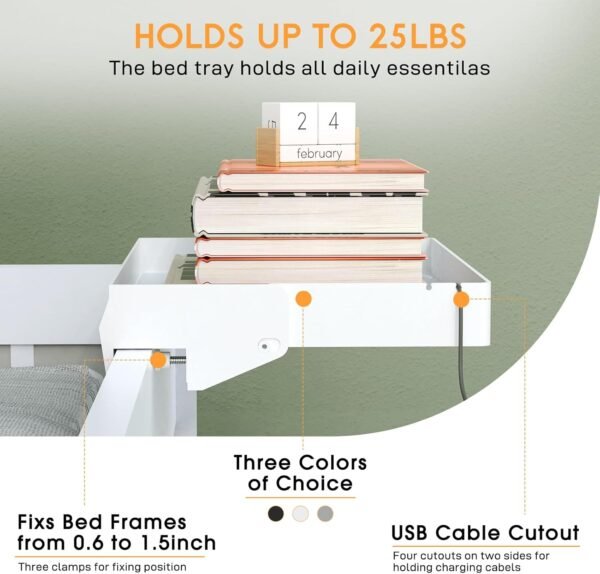 SPACELEAD Bedside Shelf for Bed, College Dorm Room Clip On Nightstand with Cup Holder & Cord Holder -Tray Table Caddy for Students, Bunk Bed Shelf for Organizer Top for Bedroom (White，Plastic) - Image 3
