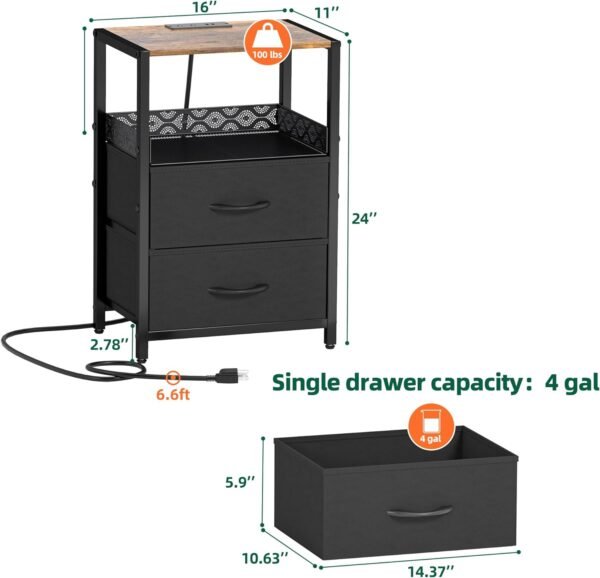 Night Stand Set 2 with Drawers, Beside Tables Bedroom with Charging Station,2 USB Ports and Outlets,Nightstands Set of 2 for Sofa, Living Room,Dorm, Apartments,Small Space (Black) - Image 3