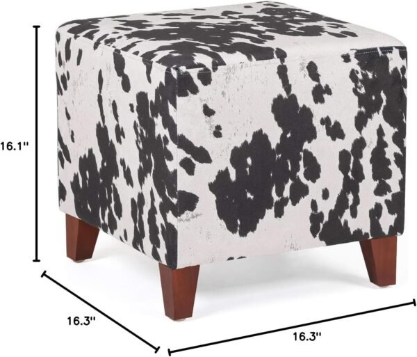 Square Footrest Ottoman Stool Seat with Linen Fabric and Non-Skid Wooden Legs, Black Cow - Image 3