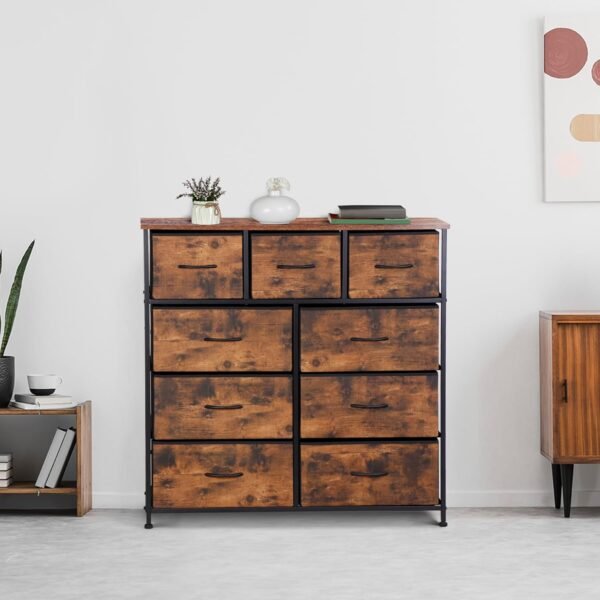 ZENY 9 Drawers Dresser, Fabric Storage Tower, Organizer Unit for Bedroom, Living Room, Hallway, Closet, Nursery, Tall Chest with Fabric Bins, Steel Frame, Wooden Top & Easy Pull Handle (Rustic Brown) - Image 8
