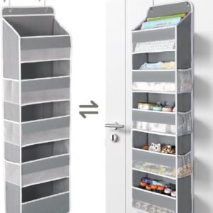 1 Pack Over The Door Organizer with 5 Bins & 6 Side Pockets, Hanging Storage for Baby Room Essentials, Small Bedroom, Bathroom, Non-Tilt Closet Organizer for Extra Storage, 44lbs Capacity, Grey