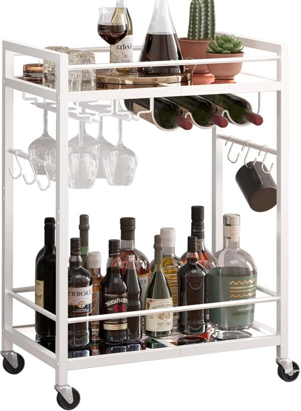 TUTOTAK Bar Cart, Serving Cart for Home, Microwave Cart, Drink Cart, Mobile Kitchen Shelf with Wine Rack and Glass Holder, Rolling Beverage Cart, White BC01BW031 - Image 8