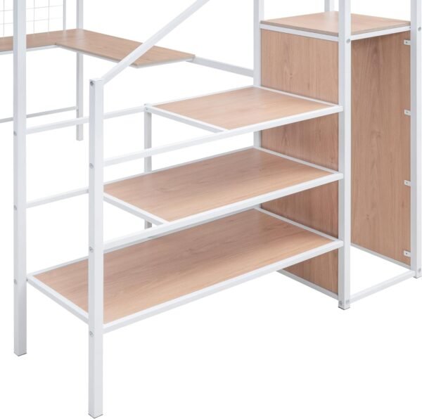 BIADNBZ Full Size Loft Bed with Desk and Grid, Stylish Metal Bedframe with Lateral Storage Ladder and Wardrobe, for Kids Teens Adults, White - Image 6