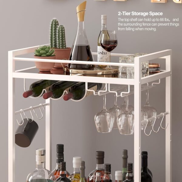 TUTOTAK Bar Cart, Serving Cart for Home, Microwave Cart, Drink Cart, Mobile Kitchen Shelf with Wine Rack and Glass Holder, Rolling Beverage Cart, White BC01BW031 - Image 5