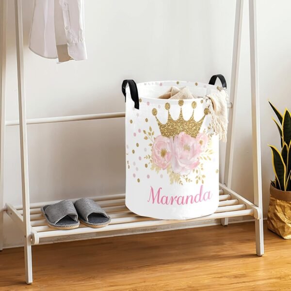 Personalized Freestanding Laundry Hamper, Custom Waterproof Collapsible Drawstring Basket Storage Bins with Handle for Clothes Crown Pink - Image 4