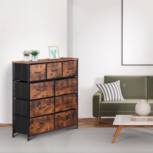 ZENY 9 Drawers Dresser, Fabric Storage Tower, Organizer Unit for Bedroom, Living Room, Hallway, Closet, Nursery, Tall Chest with Fabric Bins, Steel Frame, Wooden Top & Easy Pull Handle (Rustic Brown) - Image 9
