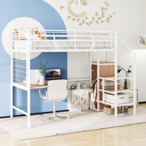 BIADNBZ Full Size Loft Bed with Desk and Grid, Stylish Metal Bedframe with Lateral Storage Ladder and Wardrobe, for Kids Teens Adults, White