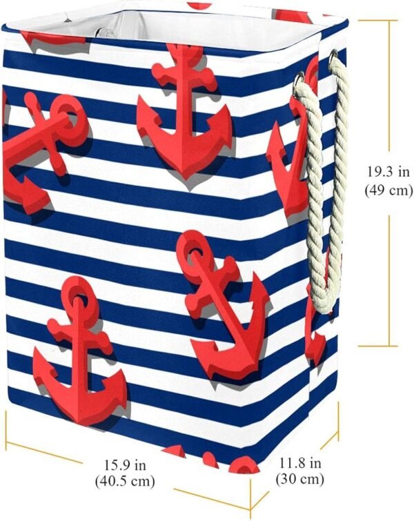 Laundry Basket With Handles Waterproof Collapsible Laundry Hamper For Storage Bins Kids Room Home Organizer Nautical Ocean Stripe Red Anchor , 19.3x11.8x15.9 In, Multicolor - Image 3