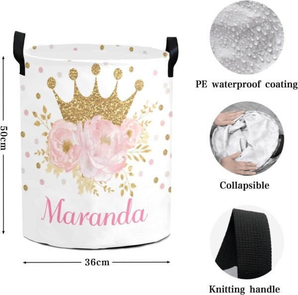 Personalized Freestanding Laundry Hamper, Custom Waterproof Collapsible Drawstring Basket Storage Bins with Handle for Clothes Crown Pink - Image 5