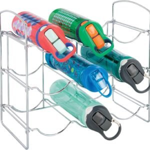 mDesign Metal Wire Free-Standing Water Bottle Rack – Storage Organizer for Kitchen Countertops, Pantry, Fridge – 3 Levels, Holds 9 Bottles – Chrome