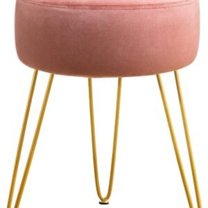 LUE BONA Vanity Stool, Pink Velvet Footrest, Stylish Round Ottoman, Sturdy Metal Frame, Easy Installation