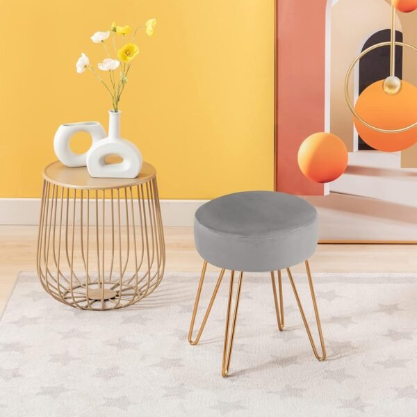 DUHOME Velvet Ottoman, Makeup Vanity Stool, Contemporary Stool, Mongolian Round Metal Stool, Vanity Stool, Furry Ottoman Stool, Modern Accent Stools Grey - Image 7