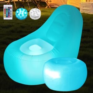Inflatable LED Chair for Adults Kids,Illuminated Blow Up Lounger Chair with Ottoman,Swimming Pool Air Chair with Ottoman for Adults,Inflatable Game Sofa for Picnics Hiking(Without Pump)