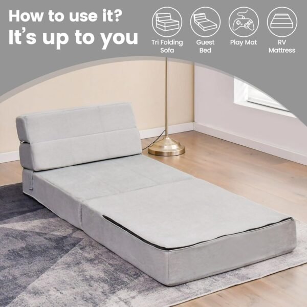 KOMFOTT Tri Folding Sofa Bed, Convertible Sleeper Chair Bed, 6" Breathable High-Density Foam Futon Floor Couch Sleeping Mattress, Portable Guest Bed Lazy Couch with Removable & Washable Cover (Gray) - Image 4
