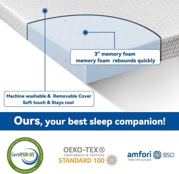3 Inch Gel Memory Foam Mattress Topper Twin XL, Cooling Mattress Topper with Removable & Washable Bamboo Cover, CertiPUR-US Certified - Image 2