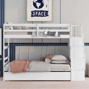 Twin Over Twin Bunk Bed with Trundle and Stairs Storage, Detachable Wooden Stairway Triple Bedframe, for Kids Teens Adults Bedroom, Dorm, White