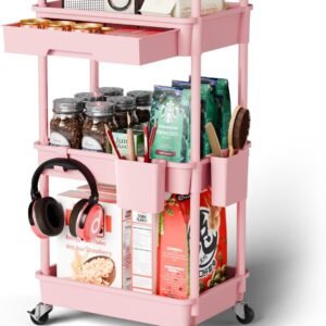 3 Tier Small Rolling Cart Organizer,Laundry Room Bathroom Organizers and Storage Office Shelves Mobile Shelving Unit Kitchen Trolley Cart with Wheels for Art,Craft,Diaper,Bedside,Snack(Pink)