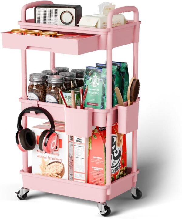 3 Tier Small Rolling Cart Organizer,Laundry Room Bathroom Organizers and Storage Office Shelves Mobile Shelving Unit Kitchen Trolley Cart with Wheels for Art,Craft,Diaper,Bedside,Snack(Pink)