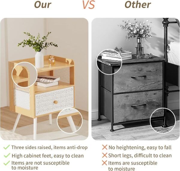 Nightstand, Bedside Table with Metal Drawers, End Table with Open Shelf, 2-Tier Open Adjustable Metal Floral Drawer Night Stand for Sofa Side Table, Bedroom Bedside Table, Maple White - Image 4
