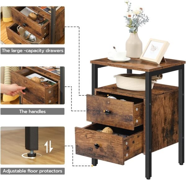 HOOBRO Nightstand, Bedside Table with 2 Drawers and Storage Shelves, Side End Table, Sofa Table for Living Room, Bedroom, Accent Furniture, Easy Assembly, Rustic Brown and Black BF43BZ01G2 - Image 7