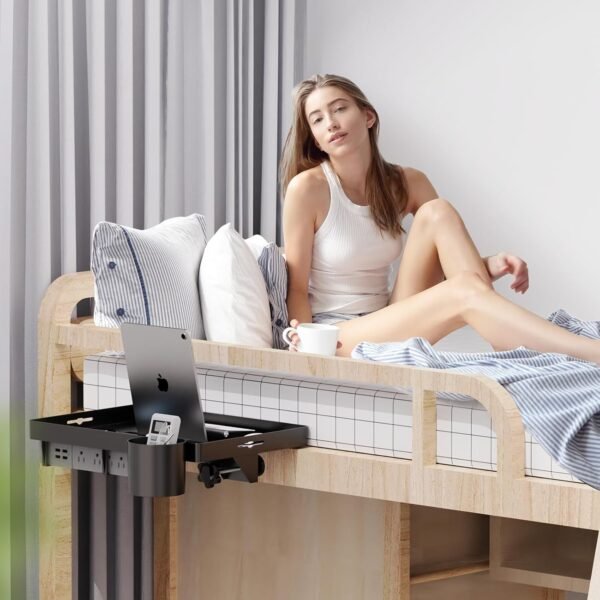 Bedside Shelf, Bunk Bed Table Shelf for Top Bunk, Black Clip On Nightstand with Removable Cup Holder&Power Strip Holder, Bunk Bed Tray for Dorm Bed&Loft Bed,College Dorm Room Essentials for Girls,Guys - Image 2
