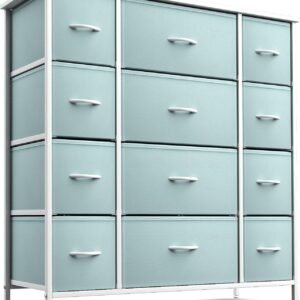 Sorbus Kids Dresser with 12 Drawers – Chest Organizer Unit with Steel Frame Wood Top & Handle, Fabric Bins for Clothes – Large Furniture for Bedroom Hallway Kids Room Nursery & Closet (Aqua)
