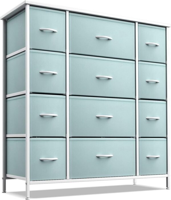 Sorbus Kids Dresser with 12 Drawers - Chest Organizer Unit with Steel Frame Wood Top & Handle, Fabric Bins for Clothes - Large Furniture for Bedroom Hallway Kids Room Nursery & Closet (Aqua)